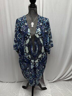 Blue White Mandala Print Sheer Open Front Kimono Cardigan One Size